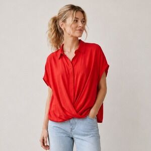 O'STIN Twist Front Linen Blend Oversized Loose Fit Red Blouse Top Size S